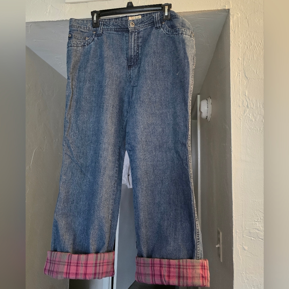 Gander Mtn. Flannel Lined Jeans with Plaid Cuffs Sz 14